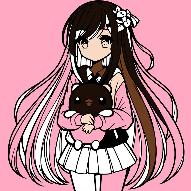 a girl with long hair holding a plushie also anime styled