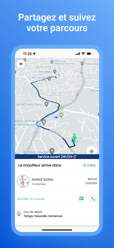 운전자 정보 및 예상 도착 시간과 함께 카메룬 야운데의 지도에서 실시간 차량 추적을 보여주는 Ongo 앱 인터페이스.
