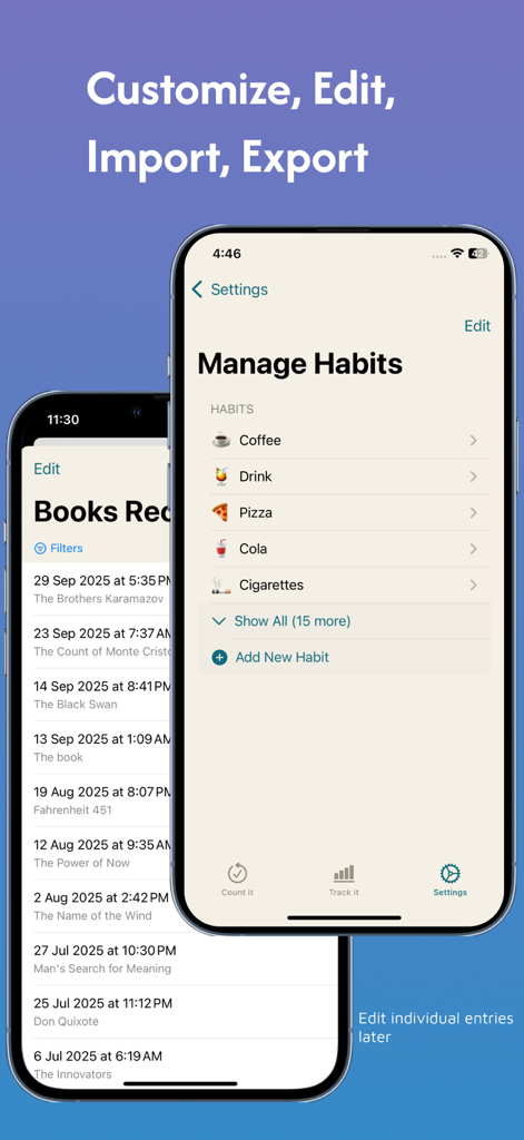 Habit Tracker Counter: CountIt - The manage habits settings screen in the CountIt app showing a list of items like coffee and cigarettes alongside a history log.