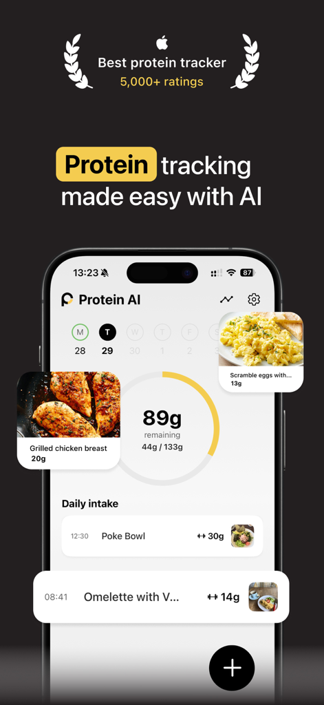 Protein AI - Protein Tracker - Interface of the Protein AI app showing a dashboard with daily protein intake progress and logged high-protein meals