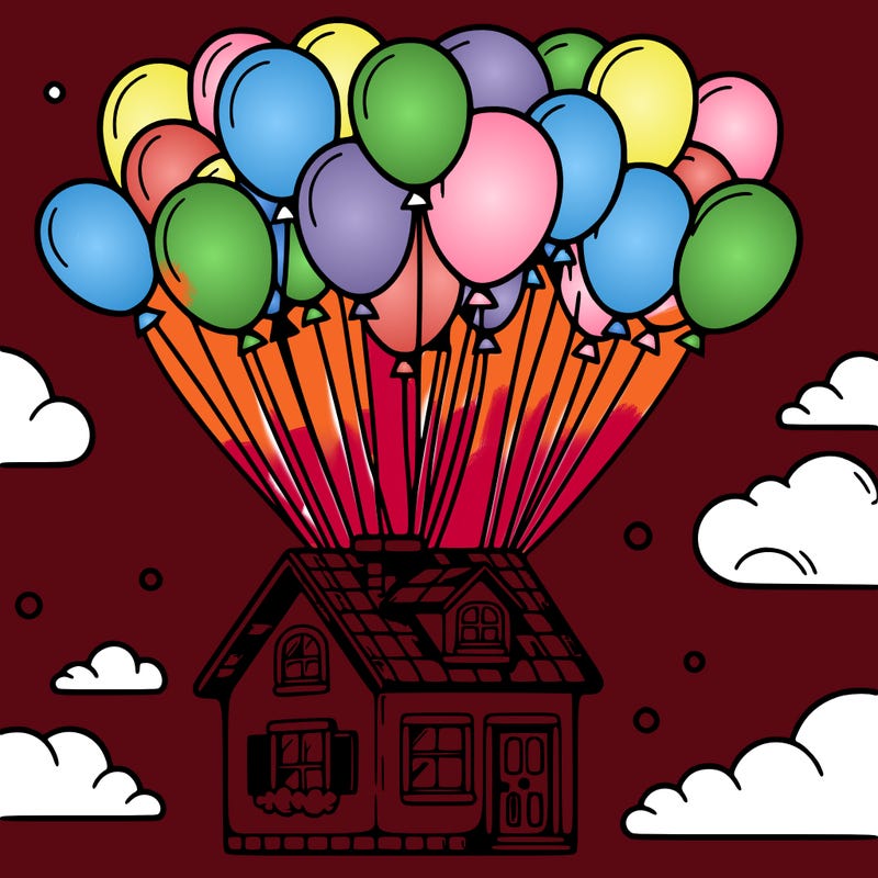house floating from lots of balloons
