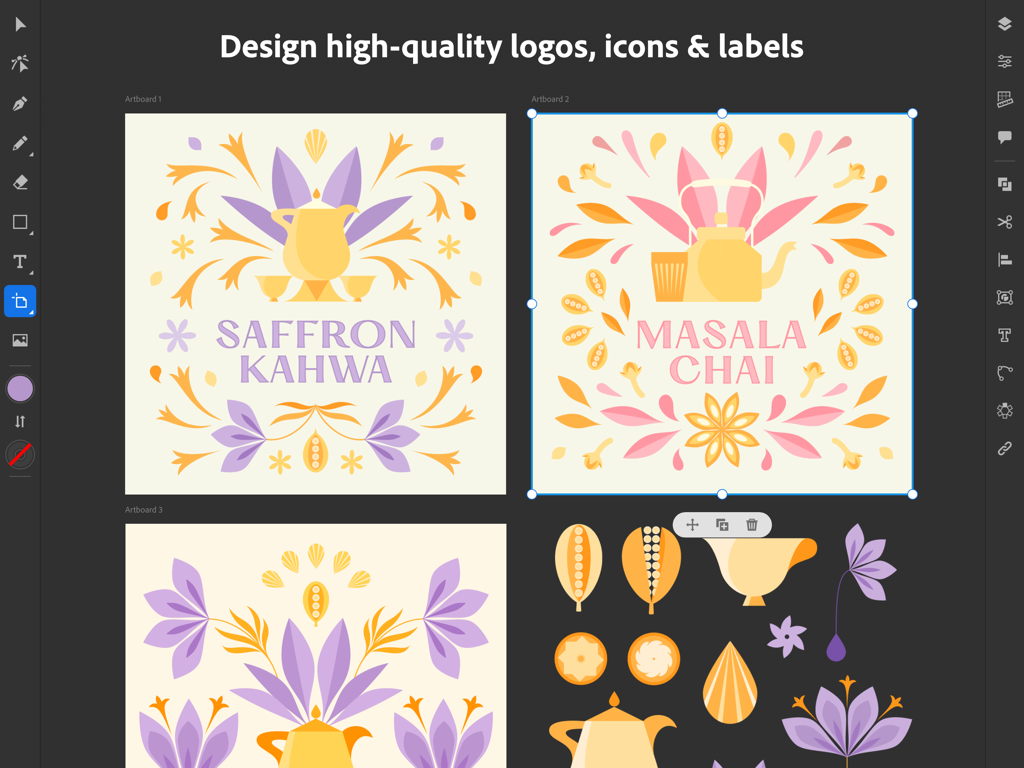 Adobe Illustrator iPad interface showing vector logo and label designs for tea brands.