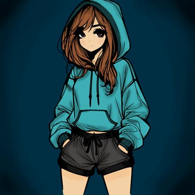 realistic girl in shorts and hoodie