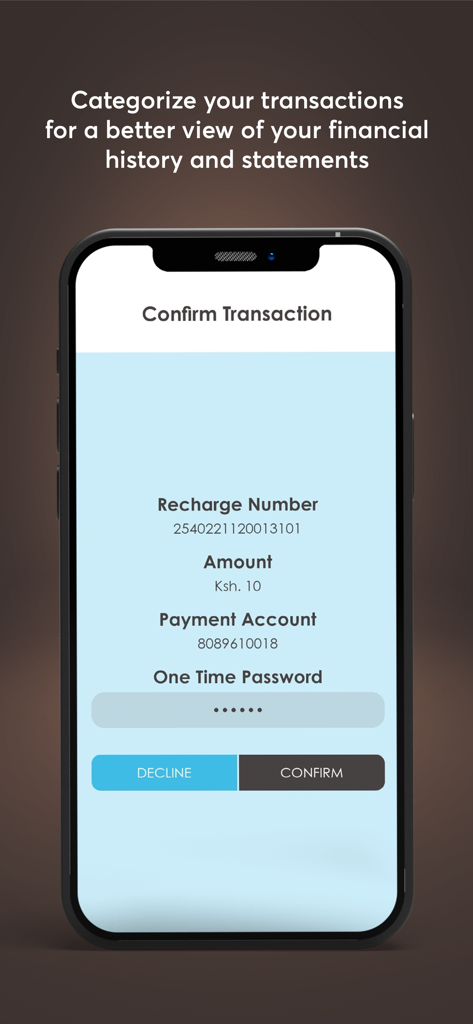 Tela de confirmação de transação do aplicativo móvel NCBA NOW com entrada de OTP