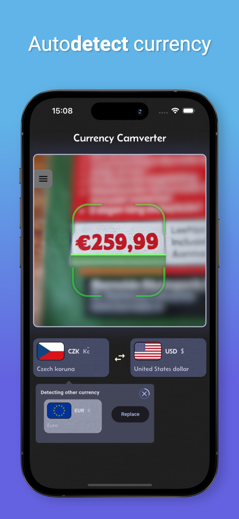 Camera Currency Converter - Camera Currency Converter app interface showing the camera scanning a Euro price tag for automatic currency detection and conversion