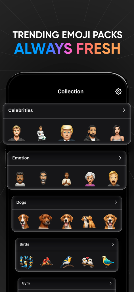 XMoji - Dirty AI Emoji Maker - XMoji app screen showing various trending emoji packs like celebrities, emotions, dogs, and birds.