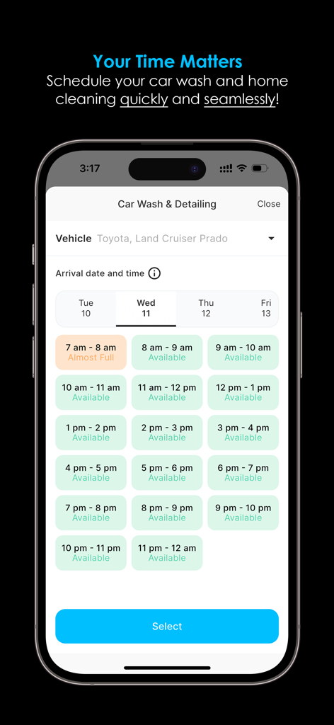 Ghaseel Car Wash - غسيل سيارات - Ghaseel car wash app scheduling screen showing available time slots for detailing services.