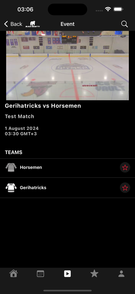 Schermata dell'app BlackBear TV che mostra i dettagli della partita di hockey tra Gerihatricks e Horsemen con i nomi delle squadre e l'ora dell'evento.
