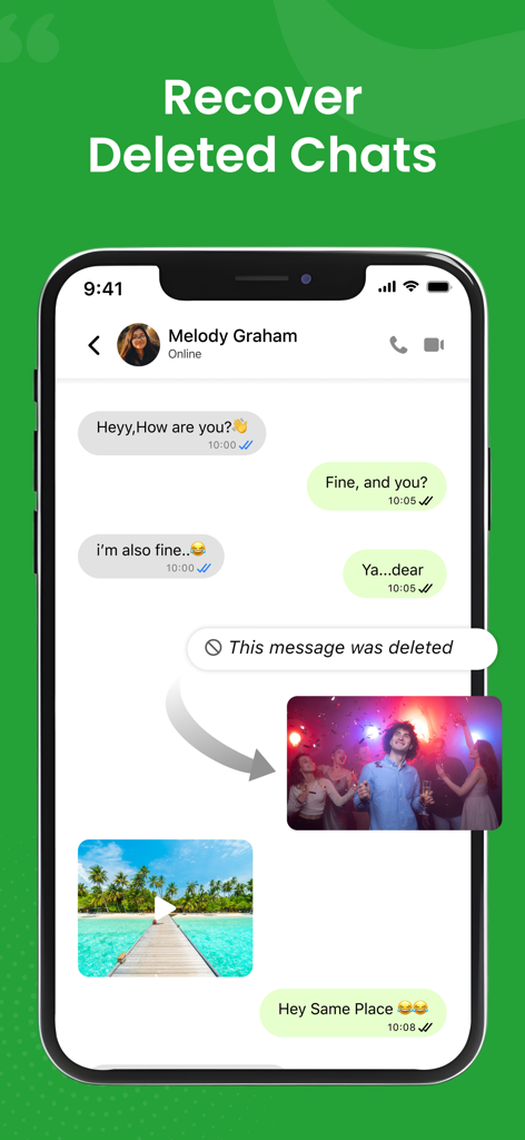 Status Saver - Status Download - Screenshot of a mobile app interface demonstrating how to recover deleted messages and media in a chat