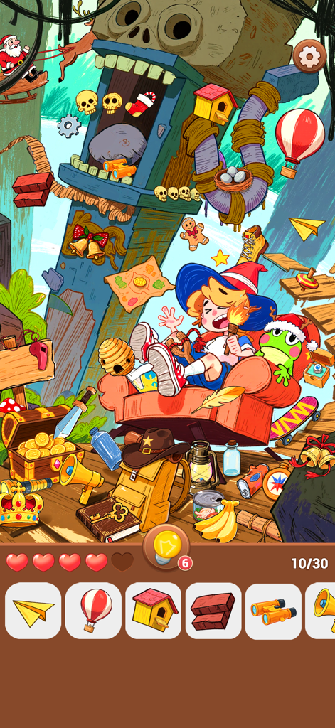 Hidden Quest: Seek & Discover - Una colorida escena de objetos ocultos estilo caricatura con un personaje con sombrero de mago sentado en un sillón rojo rodeado de varios objetos para encontrar