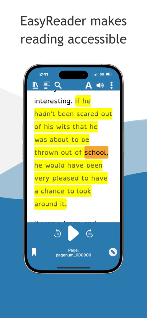 Smartphone screen showing Dolphin EasyReader with synchronized text highlighting and audio controls