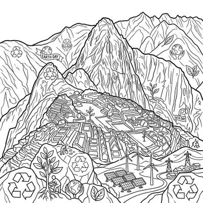 Journey to the breathtaking Andean Mountains and celebrate Earth Day with this intricate coloring page. Discover ancient landscapes intertwined with symbols of environmental protection, ready for your creative touch.
