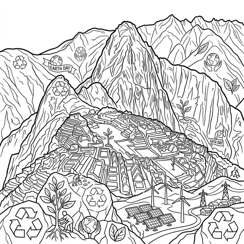 Journey to the breathtaking Andean Mountains and celebrate Earth Day with this intricate coloring page. Discover ancient landscapes intertwined with symbols of environmental protection, ready for your creative touch.