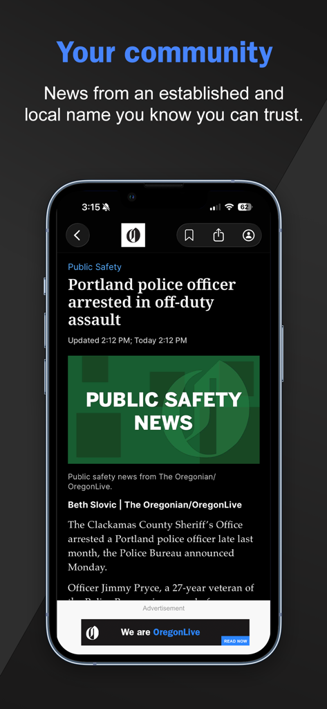 OregonLive app interface showing a local public safety news article on an iPhone.