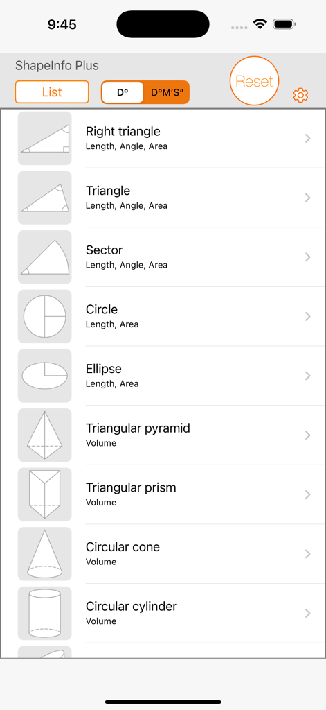 Hauptliste geometrischer Formen in der ShapeInfo-Rechner-App für Flächen- und Volumenberechnungen