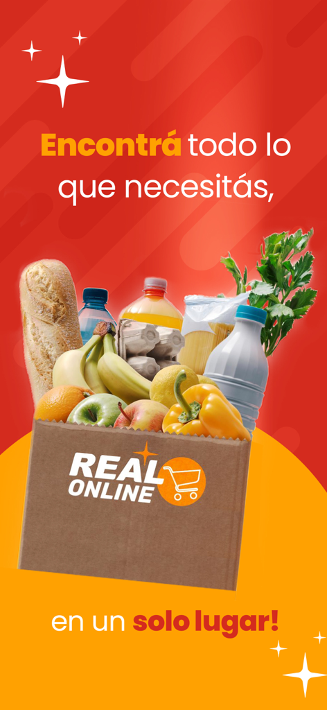 Real online - Un sac d'épicerie rempli de produits frais et de lait pour l'écran promotionnel de l'application de livraison d'épicerie Real online.