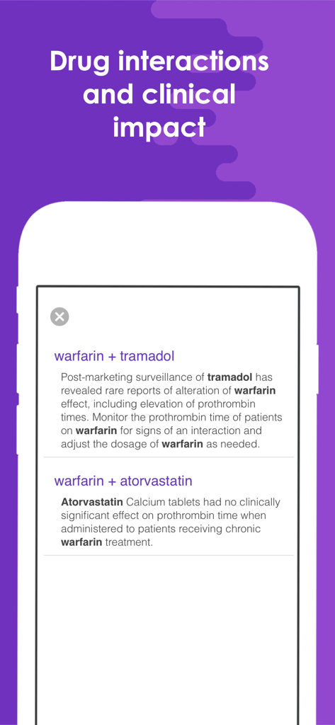 Drug Interaction Checker + - Écran mobile affichant des rapports d'interactions médicamenteuses et l'impact clinique pour des médicaments comme la warfarine