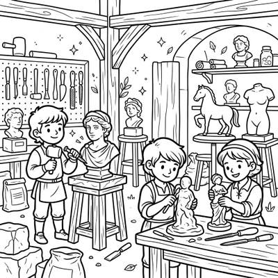 Inspire creativity and a love for history with this engaging coloring page featuring kid-friendly Renaissance sculptors. Watch as young artists chisel and mold masterpieces in a bustling art studio, perfect for imaginative play.