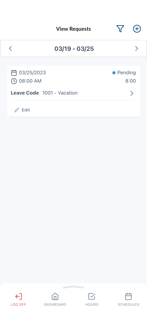 TCP MobileKiosk - TCP MobileKiosk interface showing a pending vacation leave request with date and status details