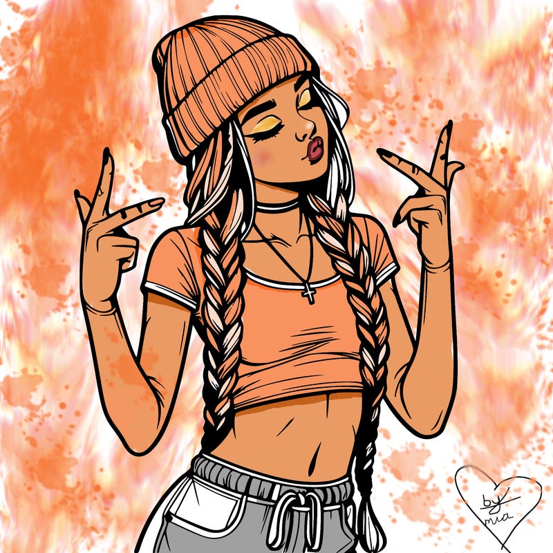 realistic teenage girl with braids and a beanie and crop top doing 🫶🏼