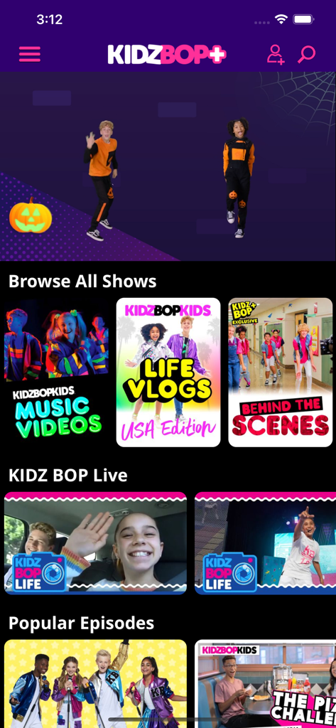 Home screen of the KIDZ BOP plus app featuring music videos and vlogs for children