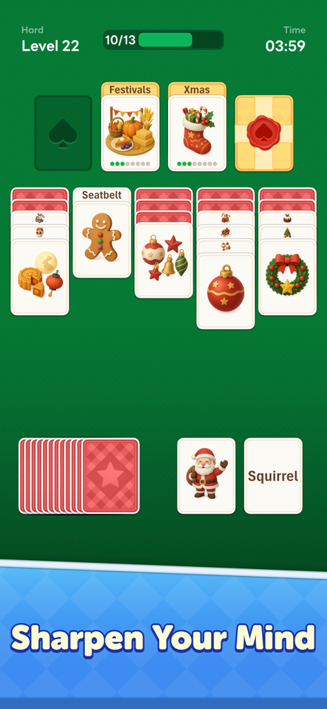 Word Solitaire Now! - Pantalla de juego de Word Solitaire Now mostrando cartas de palabras y categorías festivas sobre un fondo verde con el texto 'Agudiza tu Mente'