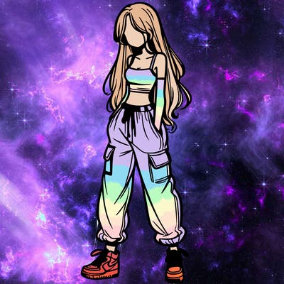 girl in baggy pants crop top and long hair