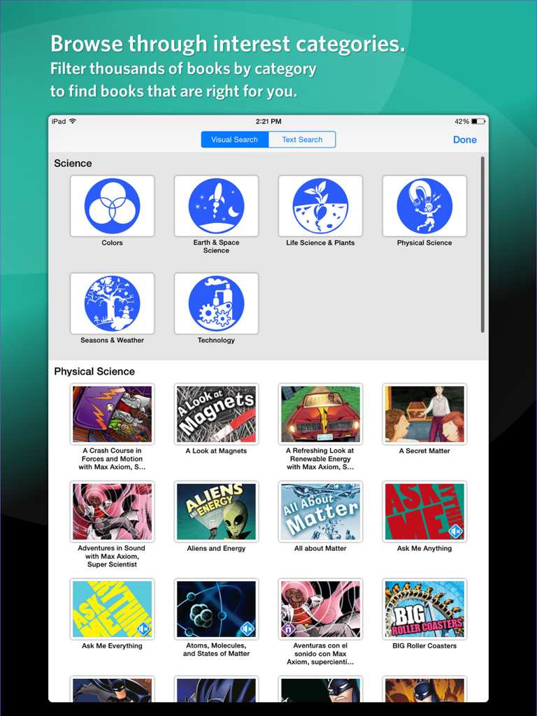 L'interface de l'application myON présente un écran de recherche visuelle avec des catégories de livres scientifiques et des ressources d'alphabétisation numérique pour les élèves.