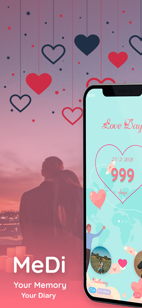 MeLove app interface showing a 999 days relationship counter with a romantic heart theme and couple background