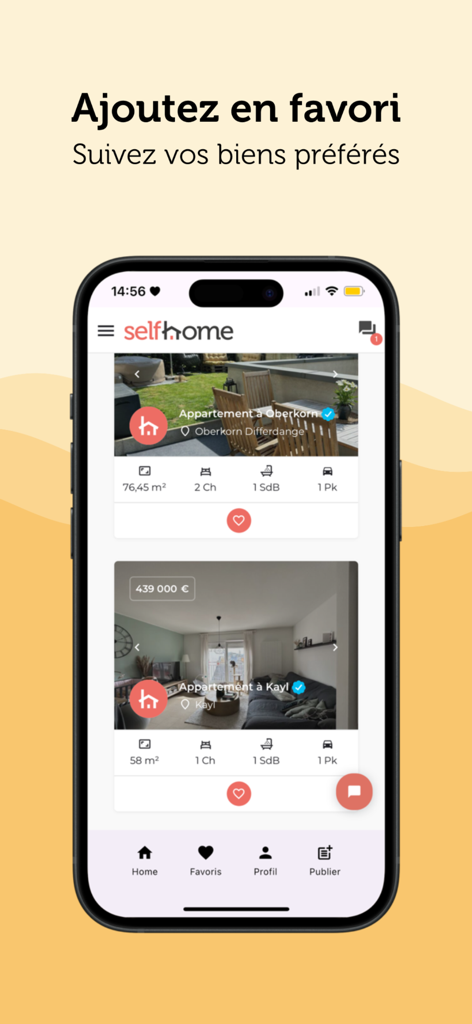 Selfhome.lu - Annonces Immo - Selfhome mobile app screen showing real estate property listings in Luxembourg with the option to add them to a favorites list.