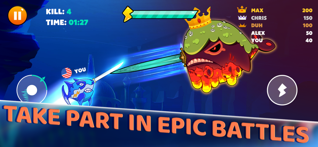 Fish IO: Be the King - A blue shark fish with a sword attacking a giant crowned monster fish in a colorful underwater battle arena.