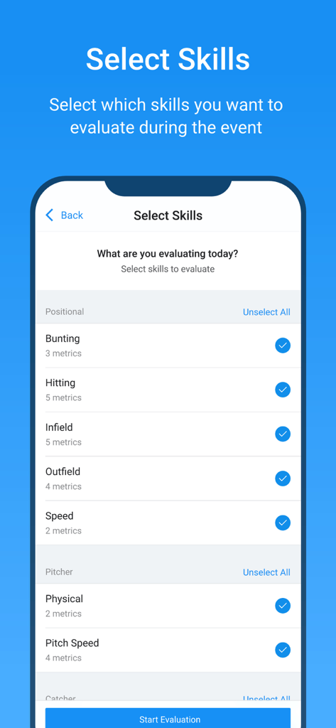 SkillShark Athlete Evaluations - SkillShark app screen showing a list of sports skills to select for athlete evaluation