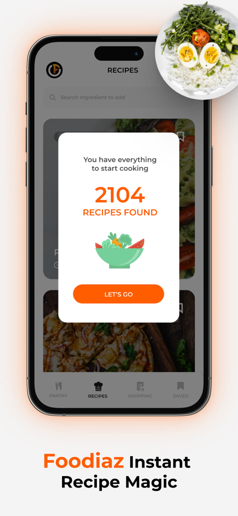 Foodiaz - Smartphone screen showing the Foodiaz app with a popup indicating thousands of recipes found based on existing pantry ingredients.