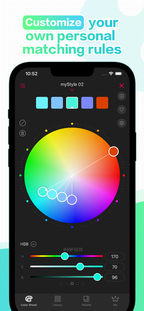 JoyColor: Your color assistant - Interfaz de la aplicación móvil JoyColor que muestra una rueda de colores científica y controles deslizantes HSB para reglas de coincidencia de colores personalizadas