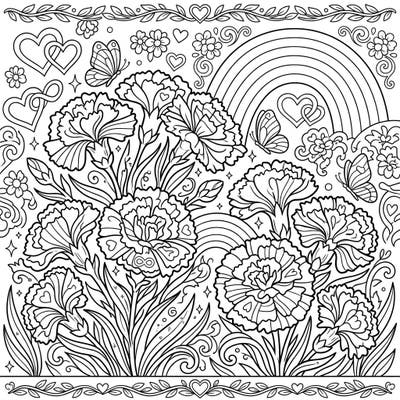 Immerse yourself in a beautiful garden scene celebrating love and diversity. This intricate coloring page features lush carnations intertwined with symbols of Pride Month, perfect for creative expression.