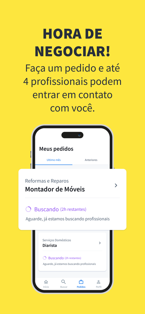 GetNinjas para Clientes - 가구 조립 및 청소 서비스에 대한 활성 요청을 보여주는 GetNinjas 앱 인터페이스.