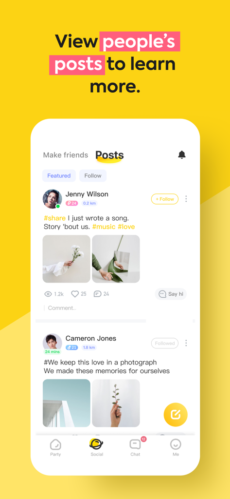 A screenshot of the Partying app social feed showing user posts with photos and captions to help people find new friends.