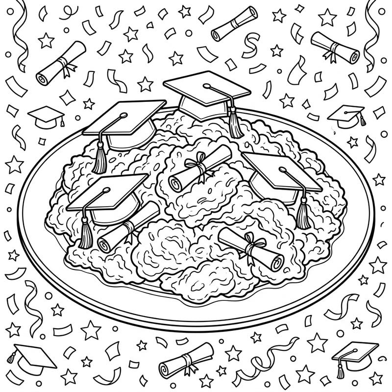 Get ready to color a truly unique celebration! This delightful page features fluffy scrambled eggs adorned with graduation caps and diplomas, surrounded by a shower of festive confetti.