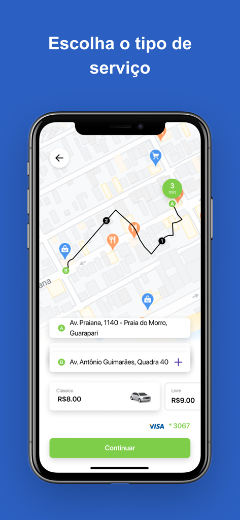 Pantalla de smartphone que muestra la interfaz de reserva de la aplicación de taxi Livre con un mapa y precios de los viajes