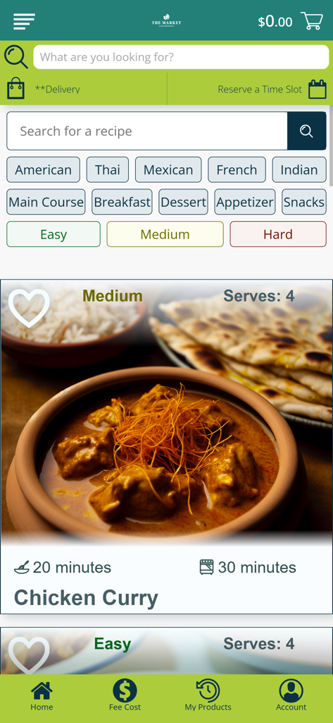 Market Supermarketアプリのレシピ検索と発見画面。チキンカレーのレシピと料理のフィルターが表示されています。