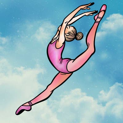 gymnast doing a leap in a leotard with a bent back leg