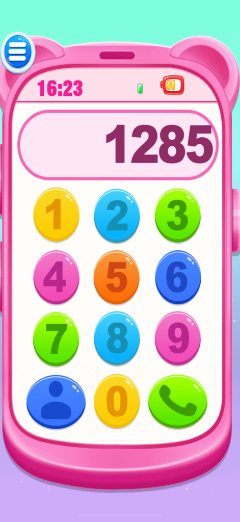 Pink Princess Learning Phone - A pink toy phone simulator screen showing a colorful numeric keypad for calling princesses