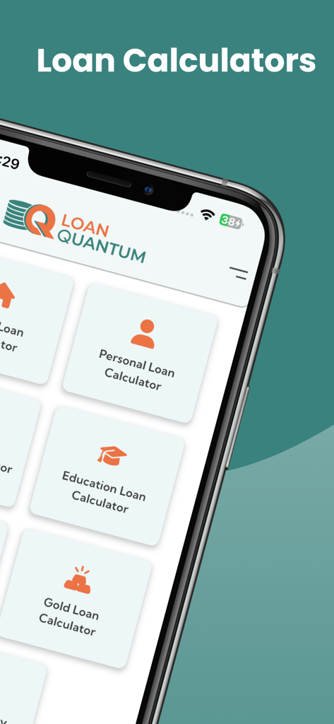 LoanQuantum - Interfaz de la aplicación LoanQuantum que muestra una variedad de calculadoras de préstamos, incluidos préstamos personales y educativos