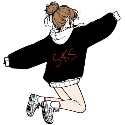 realistic girl jumping with a bun and oversized sweatshirt