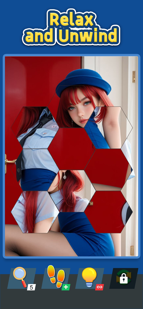 Mosaic Jigsort : Block Puzzle - Mobile game screen showing a hexagonal tile puzzle of a woman with red hair and the text Relax and Unwind.