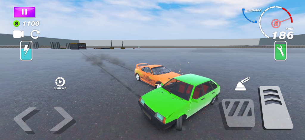 Car Crash — Battle Royale - High speed vehicle collision between a green and orange car in a battle royale simulator.
