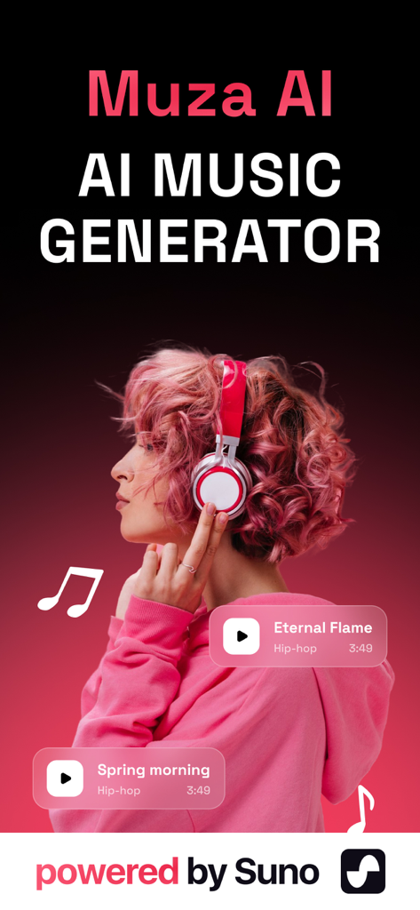 Muza AI: AI Song & Music - Muza AI music generator interface powered by Suno featuring a woman with headphones listening to generated songs