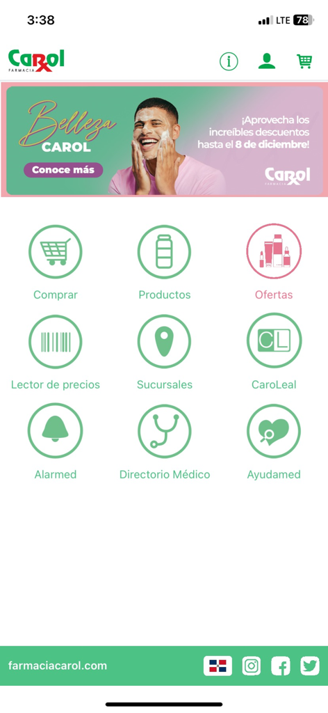 Carol App - El menú principal de la farmacia Carol App que muestra iconos de servicios para compras, escaneo de precios y búsqueda en el directorio médico.