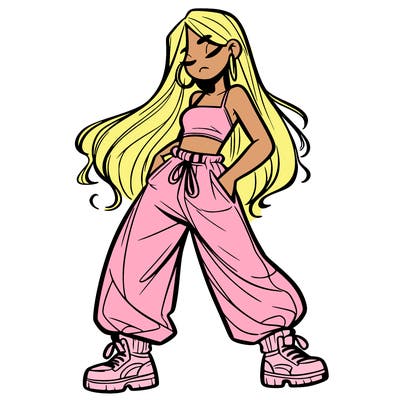 girl in baggy pants crop top and long hair