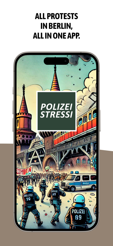 베를린의 시위를 묘사한 양식화된 일러스트가 표시되는 Polizei Stressi 앱 시작 화면